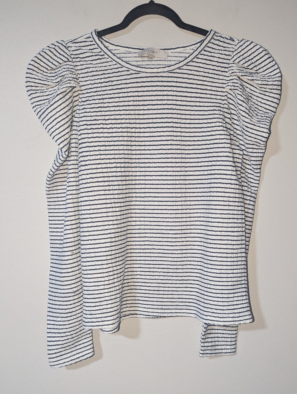 M LOFT Navy & White Striped Puff Sleeve Long Sleeve Top